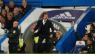 Antonio Conte celebrates  Nemanja Matic’s goal as Chelsea eased past Middlesbrough 3-0. Photograph: John Sibley/Reuters
