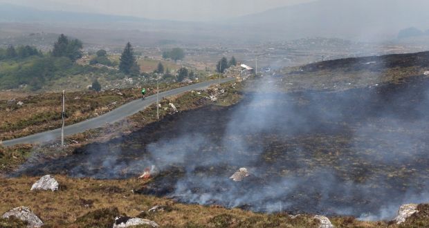 A  cyclist passes by smouldering gorse close to Cloosh Valley in Co Galway. Photograph: Joe O’Shaughnessy