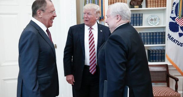 US president Donald Trump  chats with Russian foreign minister Sergei Lavrov and Russian ambassador to the US Sergei Kislyak during a meeting at the White House on Wednesday. Photograph: Russian foreign ministery/Ho/AFP/Getty Images