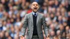 Pep Guardiola gestures during the  match between Manchester City and Leicester City at the Etihad Stadium in Manchester, England, on May 13th, 2017. Photograph: Anthony Devlin/AFP/Getty Images