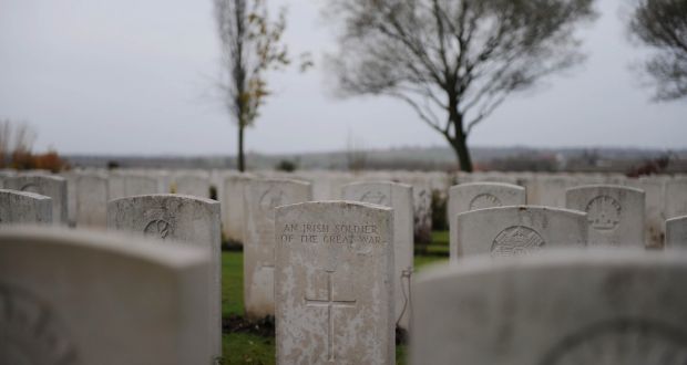 The grave of an unknown Irish Soldier lies in the Messines Ridge military cemetry in Belgium. Photograph: Aidan Crawley 