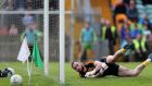 Antrim goalkeeper Chris Kerr is beaten by Donegal’s Jamie Brennan. Photograph: John McIlwaine/INPHO/Presseye/