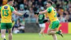 Donegal’s Paddy McGrath celebrates with Paddy McBrearty after scoring his team’s second goal against Antrim in Ballybofey. Photograph: John McIlwaine/Inpho  