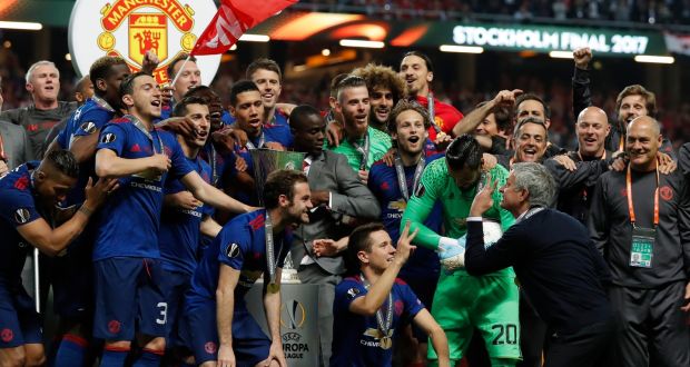 Manchester United manager Jose Mourinho leads the celebrations after the Europa League win over Ajax  celebrate winning the Europa League at the  Friends Arena in Stockholm. Photograph:  Andrew Couldridge/Reuters/Livepic