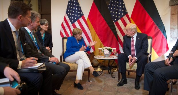 Angela Merkel and Donald Trump before talks at the G7 summit in Sicily. Photograph: Guido Bergmann/Courtesy of Bundesregierung/Handout 