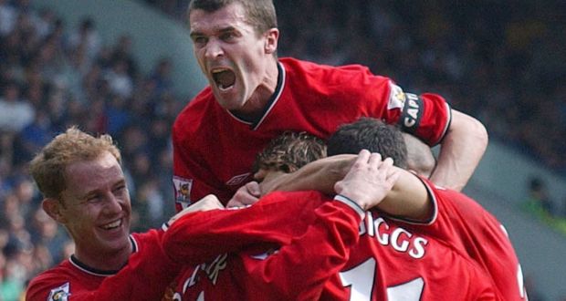 Roy Keane celebrates with Manchester United team-mates in 2002. Sam Walker argues that while Keane provided towering leadership on the field of play, his fiery and unrepentant streak hurt the teams he led in other ways. Photograph: PA 