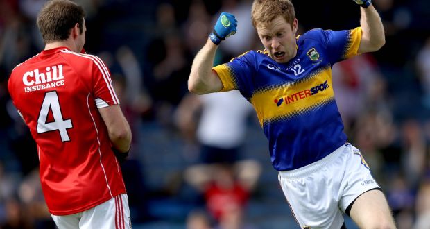 Tipperary’s Brian Fox celebrates scoring his side’s third goal against Cork in last year’s Munster SFC semi-final. Cork cannot afford another defeat when the sides meet again on Saturday. Photograph: Ryan Byrne/Inpho