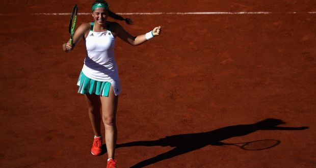  Jelena Ostapenko of Latvia celebrates victory following  her French Open semi-final win over  Timea Bacsinszky of Switzerland  at Roland Garros. Photograph: Julian Finney/Getty Images