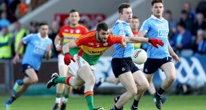 Carlow’s Sean Murphy with Jack McCaffrey of Dublin. Both men would be candidates for the title of ‘fastest man in the GAA’. Photograph: Tommy Dickson/Inpho 