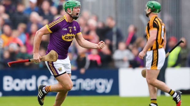 Wexford’s Matthew O’Hanlon celebrates a score against Kilkenny in the Leinster GAA Hurling Senior Championship quarter-final at Wexford Park. Photograph: James Crombie/Inpho