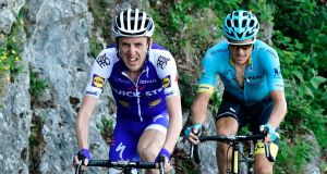Ireland’s Daniel Martin (left) and Denmark’s Jakob Fuglsang ride in a breakaway during the 115 km eighth and last stage of the 69th edition of the Criterium du Dauphine. Photograph: Getty Images