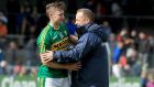 Clare manager Colm Collins with Kerry’s James O’Donoghue after the game. Photograph: Inpho