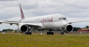  A Qatar Airways Airbus A350  lands at Dublin Airport for the launch of the inaugural Dublin to Doha route. Photograph:  Andres Poveda
