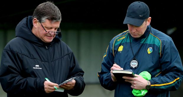 Leitrim selector John O’Mahony with manager Brendan Guckian. “Losing is not inevitable. They’re entitled to win the odd time as well.” Photograph: James Crombie/Inpho 