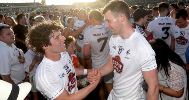  Kildare’s Chris Healy and Fionn Dowling celebrate after the game. Photograph: James Crombie/Inpho