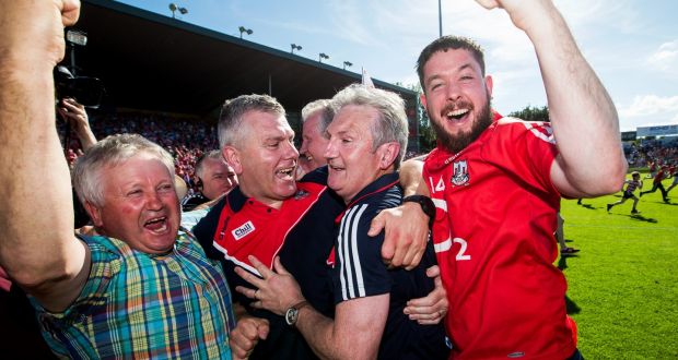 Cork manager Kieran Kingston and assistant manage Diarmuid O’Sullivan celebrates at the final whistle of the  Munster senior hurling semi-dinal against Waterford. Photograph: Tommy Dickson/Inpho