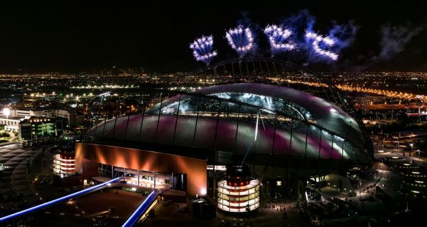  Fireworks over Khalifa International Stadium during its  official opening ceremony in May. It’s the  the first completed 2022 Fifa World Cup venue, five years before the tournament begins. Photograph: Qatar/Getty