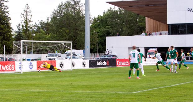 Cork City’s  Garry Buckley opens the scoring in the Europa League first qualifying round, first leg against  Levadia Talinn at the  Kadriorg Stadium. Photograph: Mailiis Ollino/Inpho 