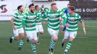 Shamrock Rovers’ Gary Shaw celebrates scoring their  goal with team-mates in the Europa League first qualifying round game against Stjarnan at Stjörnuvöllur, Gardabaer in Iceland. Photograph: Kristinn Magnusson/Inpho