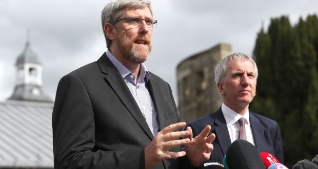 Sinn Fein’s John O’Dowd (left) and Mairtin O Muilleoir talk to the media following talks aimed at restoring powersharing in Northern Ireland. Photograph: Brian Lawless/PA Wire 
