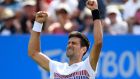 Novak Djokovic  celebrates victory  against Gael Monfils in the final of the   Aegon International Eastbourne at Devonshire Park Lawn Tennis Club. Photograph: Mike Hewitt/Getty Images