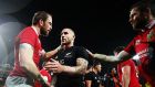  Alun Wyn Jones  shakes hands with TJ Perenara  after winning thesecond Test in Wellington. Photograph:  Hannah Peters/Getty Images