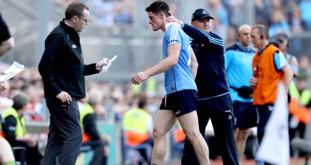 Dublin’s Diarmuid Connolly with manager Jim Gavin after being sent off in the quarter-final against Donegal. Photograph: Ryan Byrne/Inpho