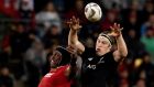  Lions’ Maro Itoje and New Zealand’s Brodie Retallick jump for a line out. Retallick  said the Lions had raised the physicality stakes in game two. Photograph: Anthony Phelps/Reuters