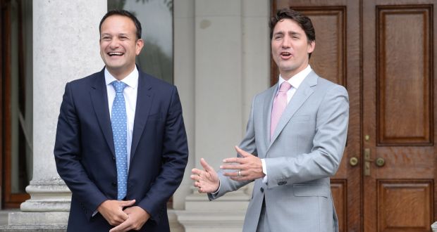 Justin Trudeau, prime minister of Canada, is welcomed by Taoiseach Leo Varadkar at Farmleigh House. Photograph: Dara Mac Dónaill 
