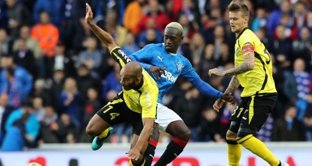 Progres Niederkorn’s Emmanuel Francoise scored their first goal in the 2-1 win over Rangers in Luxembourg. Photograph: Martin Rickett/PA Wire