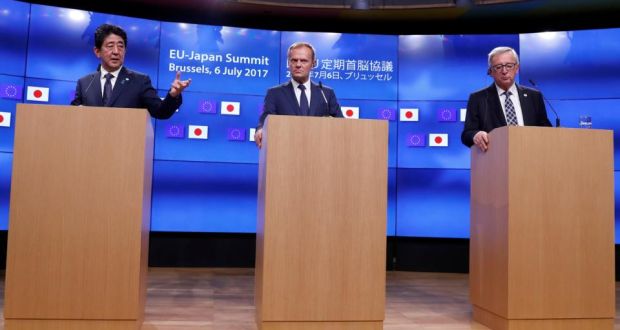 Japan’s prime minister Shinzo Abe holds a news conference with European Council president Donald Tusk and European Commission president Jean-Claude Juncker during a EU-Japan summit in Brussels.