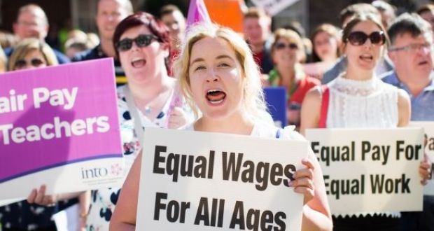 Teachers protest last May to highlight the case for equal pay, in a demonstration organised by the INTO and TUI. File photograph: Kenneth O’Halloran