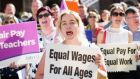 Teachers protest last May to highlight the case for equal pay, in a demonstration organised by the INTO and TUI. File photograph: Kenneth O’Halloran