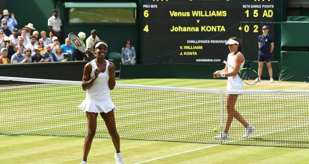 Venus Williams celebrates after beating Johanna Konta in their women’s singles semi-final at Wimbledon. Photo: Glyn Kirk/Getty Images