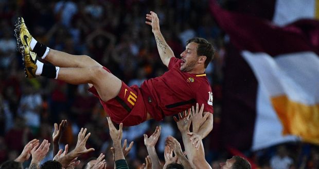  Roma’s Francesco Totti during a ceremony following his last match with AS Roma in May. Photograph: Vincenzo Pinto/AFP/Getty Images