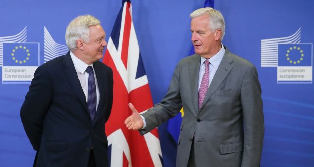   British secretary of state for exiting the European Union David Davis  and    European chief Brexit negotiator  Michel Barnier. Photograph: Stephanie LeCocq/EPA