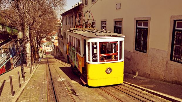 A view of the historical Gloria Funicular in Lisbon, Portugal
