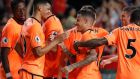  Philippe Coutinho celebrates with team mates after a goal against Crystal Palace at the Premier League Asia Trophy in Hong Kong. Photograph: Getty Images