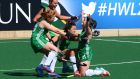 Lizzie Colvin of Ireland celebrates with her team mates after beating India at Wits University in Johannesburg, South Africa. Photograph: Getty Images