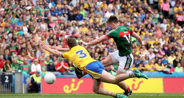 Mayo’s Cillian O’Connor scores their fourth goal against Roscommon. Photograph: Inpho