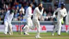 England spinner Moeen Ali celebrates taking the wicket of  South Africa’s Quinton de Kock during   day four of the fourth  Test at Old Trafford. Photograph: Gareth Copley/Getty Images