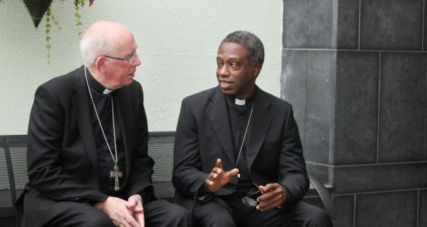 Archbishop Jude Thaddeus Okolo, the new Apostolic Nuncio to Ireland, is greeted by Cardinal Sean Brady on Monday. Photograph: John Mc Elroy
