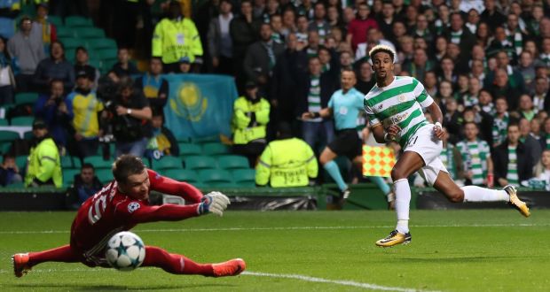 Scott Sinclair of Celtic scores his team’s second goal during the Uefa Champions League qualifying playoffs round first leg match against FK Astana at Celtic Park. Photograph: Ian MacNicol/Getty Images