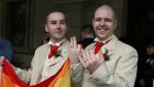 FHenry Edmond Kane and partner Christopher Patrick Flanagan outside Belfast City Hall after their civil partnership ceremony. File photograph: Paul Faith/PA Wire
