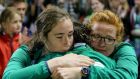 Ireland’s Hannah Tyrrell is comforted by friends after the defeat to France in the Women’s World Cup at the UCD Bowl. Photograph: Oisin Keniry/Inpho