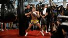 Conor McGregor performs a workout in front of the media in preparation for the fight against Floyd Mayweather Jr in Las Vegas. Photograph: John Locher/AP