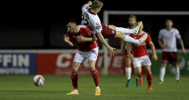 Killian Brennan of St Patrick’s Athletic in action against Eoin McCormack of Galway United during the FAI Cup second round game at Richmond Park. Photograph: Donall Farmer/Inpho