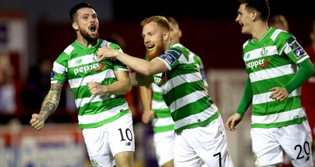 Shamrock Rovers’ Brandon Miele celebrates scoring the first goal of the game in the FAI Cup second-round match against Shelbourne at Tolka Park. Photograph: Ryan Byrne/Inpho