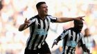 Ciaran Clark of Newcastle United celebrates scoring his side’s second goal during the Premier League match against West Ham United at St James’ Park. Photograpgh: Jan Kruger/Getty Images
