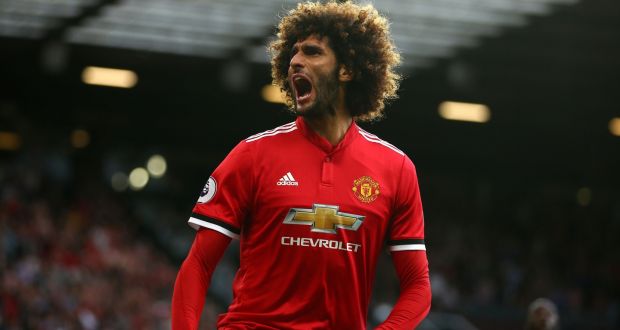 Manchester United’s Marouane Fellaini celebrates scoring his side’s second goal during the Premier League match against Leicester City at Old Trafford. Photograph: Dave Thompson/PA Wire
